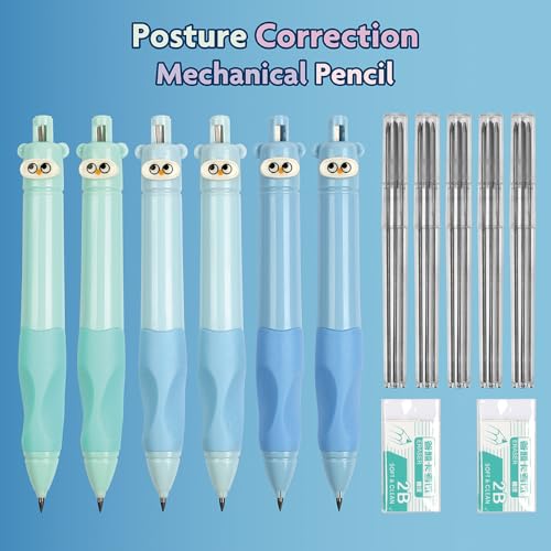 Mechanical Pencils 2.0mm Ergonomic Grip 6Pack with 25 Leads & 2 Erasers | Mechanical Pencil Set for School Supplies Student Writing, Drafting Drawing Sketching, Cute Stationery Kit
