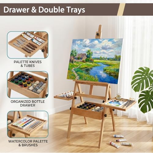 Large Beech Wood Painting Easel H-Frame, Drawer with 2 Palettes - color: Wooden Max