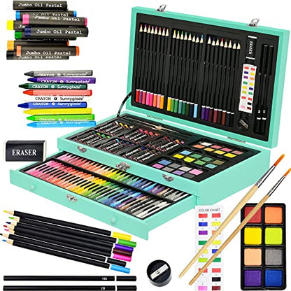 Sunnyglade 145 Piece Deluxe Art Set Wooden Art Box & Drawing Kit Green - color: Green