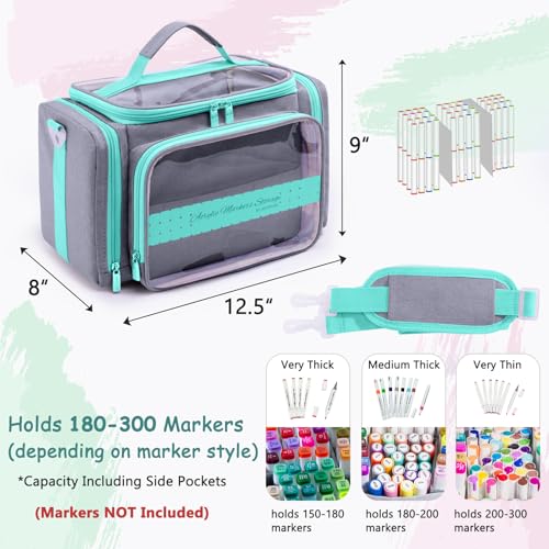 Marker Storage Organizer Case for 180–300 Markers – Large Marker Holder with Divider, Travel Carrying Case for Alcohol Markers, Pens, Colored Pencils, and Stationery – Portable Art Supply Bag - color: Grey