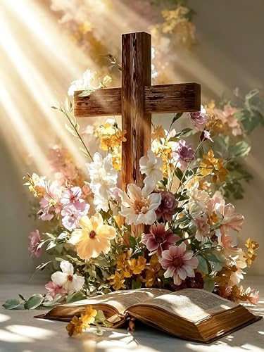 WNPOKN Religious Cross Diamond Art Kits for Adults 12 x 16inch | Cross with Flowers and Book 5D Diamond Painting Kits,Diamonds Dot Gem Art Craft Kits for Home Wall Decor