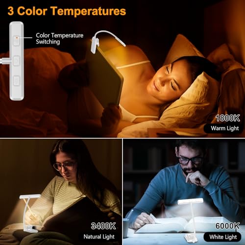Gritin 19 LED Rechargeable Book Light for Reading in Bed | Eye Caring 3 Color Temps,Stepless Dimming Brightness,Memory Function,90 Hrs Runtime Lightweight Clip on Light-White - color: White