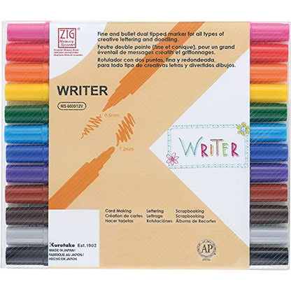 Zig WRITER 12 Colors Set, 0.5mm, 1.2mm, Dual Tip, Waterproof and Smudge proof when dry, Archival Quality, No mess, Photo-Safe, Acid Free, Lightfast, Odourless, Xylene Freeing, Made in Japan - style: 12 Colors