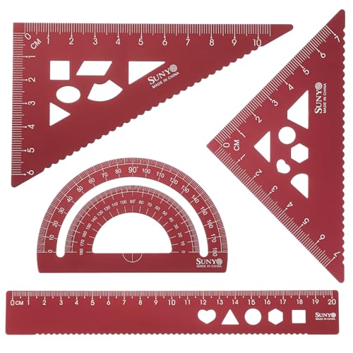 HARFINGTON 4pcs Triangular Ruler Set 20cm Aluminum Alloy Straight Geometric Protractor Triangle Engineering Scale Drafting Ruler Kit Measuring Drawing Tool for Classroom Office Home, Red - color: Red