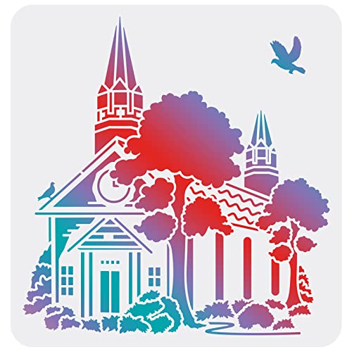 FINGERINSPIRE Church Stencil for Painting, 11.8x11.8 Inch Reusable DIY Art and Craft Stencils, Castle Stencil Drawing on Wood, Canvas, Paper, Fabric, Walls and Furniture - color: Church