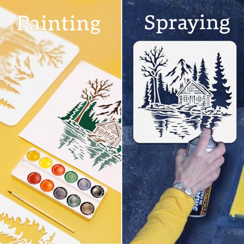 Forest Cabin Tree Stencil for Painting, 11.8"x11.8" Reusable The Lake House Stencil Drawing Template, DIY Craft Paint Template for Wall Home Decor Wood Burning Card Canvas Journal - style: Forest