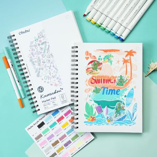 Ohuhu 7"x10" Double-Sided Bleedproof Marker Pad Art Sketchbook 60 Sheets | Large Sketch Book - 90 LB/150 GSM Smooth Drawing Paper - 60 Sheets/120 Pages - Spiral-Bound Sketch Pad for Alcohol Markers - size: 7" x 10”