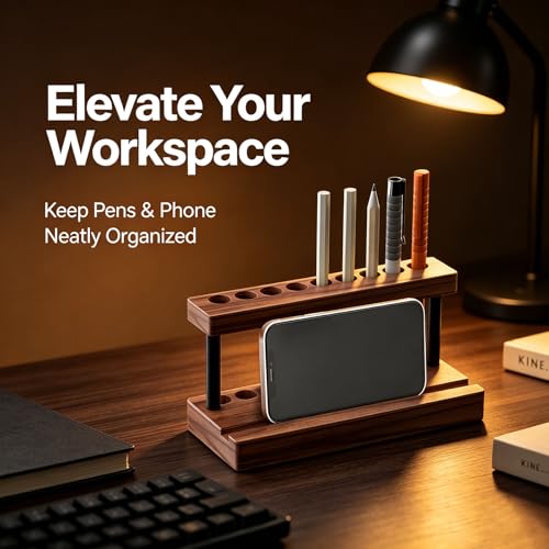 Pencil & Pen Holder for Desk, Solid Walnut Pen Display Stand with 9 Slots and Cell Phone Holder, Aesthetic Pen Organizer for Minimalist Office Desk Decor