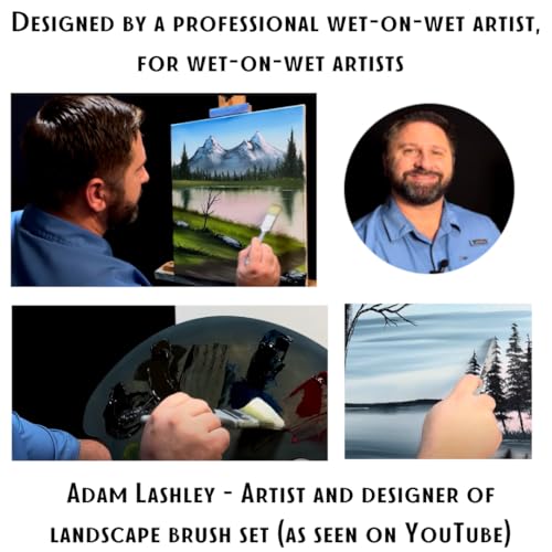 Adam Lashley 6 Piece Landscape Brush Set: 2 Inch, 1 Inch Oval, 6 Fan, Large Palette Knife, 3/4 Inch Mop Blender, 2/0 Script Liner for Wet on Wet Painting