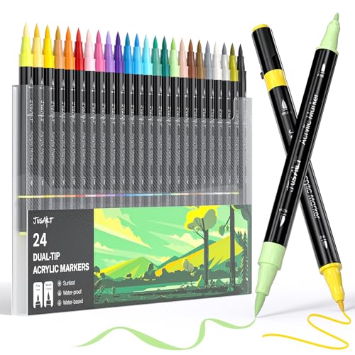 JusArt Acrylic Paint Markers 24 Colors, Dual Tip Art Supplies for Rock | Acrylic Markers for Kids, Paint Pens for Wood Glass Fabric, School Supplies & Classroom Must Haves, Great Gift for Artists. - color: Black Barrel - 24 Colors