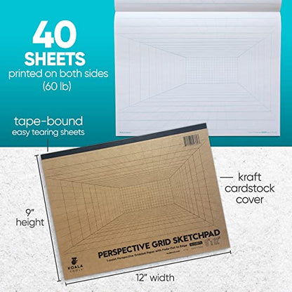 Koala Tools | Drawing Perspective (1 and 2-Point) Large Sketch Pad (1 Point - 9 x 12) - size: 1 Point - 9 x 12