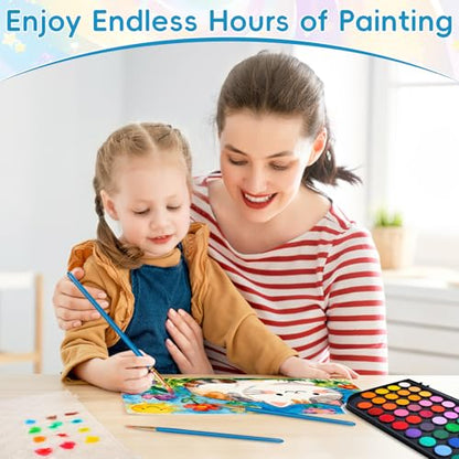 48 Color Solid Watercolor Paint Set with 3 Wooden Brushes for Adults Kids