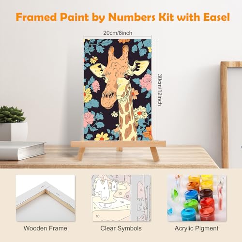 MOGTAA Paint by Numbers Kit for Adults with Frame, Giraffe Paint by Number Canvas, Flowers Paint by Numbers with Easel, DIY Animal Oil Painting Kit for Home Wall Decor 8 x 12 Inch - color: Giraffe