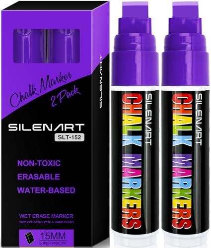 SILENART Purple Chalk Markers - 15mm Jumbo Tip Car Marker - Wide Thick Window Chalk Pen for Chalkboard, Window, Glass, Mirror, Blackboard - color: Purple, style: 15mm Tip - 2 Pack