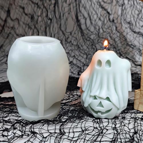 Halloween Molds, Little Ghost Stepping on Pumpkin Candle Molds | 3D Halloween Pumpkin Silicone Mold for Candle Making, Epoxy Resin Casting, Handmade Soap, DIY Crafting Gift Home Decor - color: 1PCS Ghost Pumpkin Candle Molds