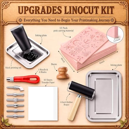 Qeeenar 97 Pcs Linocut Kit for Printmaking, Stamp Making Starter Set with 12 Soft Pink Rubber Carving Blocks Lino Cutter Tools Brayer Roller Black Ink & Metal Tray, DIY Arts Crafts Gift for Beginners
