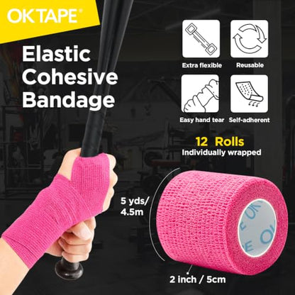 OK TAPE 12 Rolls Self Adhesive Bandage Wrap, Cohesive Elastic Athletic Tape - color: Pink, size: 2 Inch