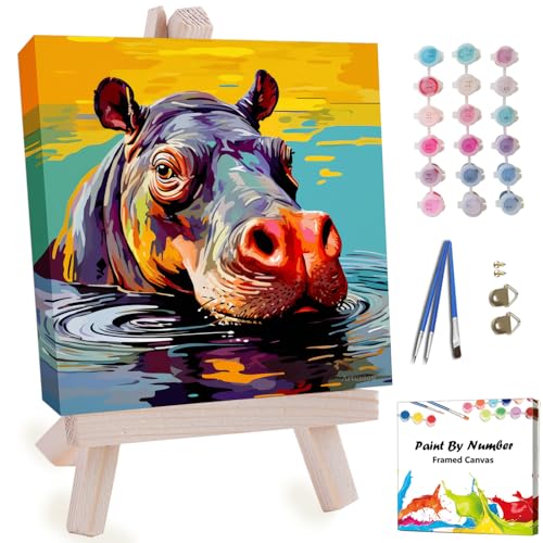 Artunion Framed Paint by Numbers Kit for Adults Beginners & Kids Ages 8-12,Colorful Hippo Paint by Number with Frame,Animal Watercolor Paint by Numbers Kit on Canvas 10 * 10 Inch Without Easel - color: ZXT-389-F