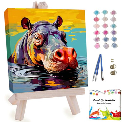 Artunion Framed Paint by Numbers Kit for Adults Beginners & Kids Ages 8-12,Colorful Hippo Paint by Number with Frame,Animal Watercolor Paint by Numbers Kit on Canvas 10 * 10 Inch Without Easel - color: ZXT-389-F