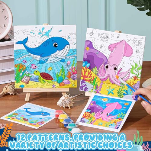 Tenceur 12 Sets Pre Drawn Canvas to Paint Adult Stretched Coloring Painting Canvas Panels with Design Easel and Brushes for Party Supplies Beginner Favor(Sea Animal) - style: Sea Animal