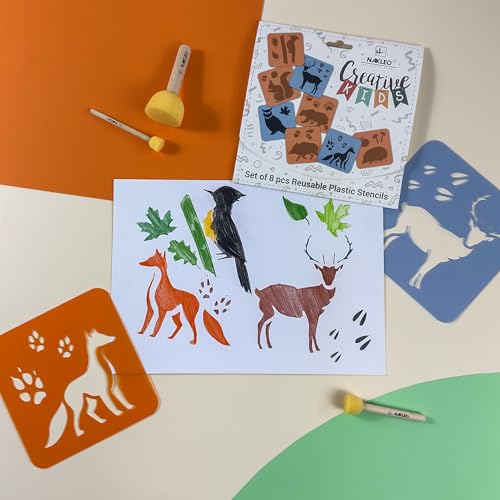 NAKLEO Painting Stencils for Kids, 8 Pcs Set 6x6” Forest Animals, Children Creative Drawing Templates Plastic and Reusable, DIY Decoration Arts and Crafts, Paper Wall Wood Fabric - color: FOREST ANIMALS