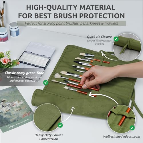 30-Slot Roll-Up Canvas Brush Holder, Army Green | Washable Paint Brush Case, Durable Canvas Organizer for Brushes & Art Supplies (Brushes not Included) - color: Green
