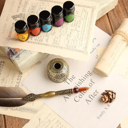 Feather Glass Dip Pen and Ink Set, Glass Calligraphy Pen with 5 Colors Ink and Pen Holder for Writing Drawing– MU-21