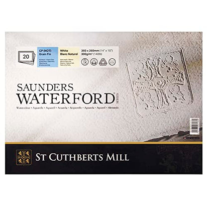 St Cuthberts Saunders Waterford CP Block White 300gsm 360 x 260mm 20 Sheets | Cold Pressed Paper, Professional Watercolour Paper, For Professional Artists - size: ['254 x 356 mm']
