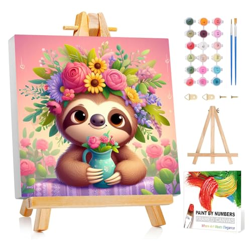 Reivworl Framed Sloth Paint by Numbers Kit for Adults Beginner 10×10 inch | Sloth Paint by Number with Frame and Easel, Painting by Numbers for Gifts and Home Decor. - color: 05-Sloth