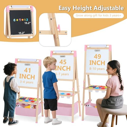 Kinder King Adjustable Wooden Kids Art Easel, Art Supplies, Storage (Pink) - color: Pink
