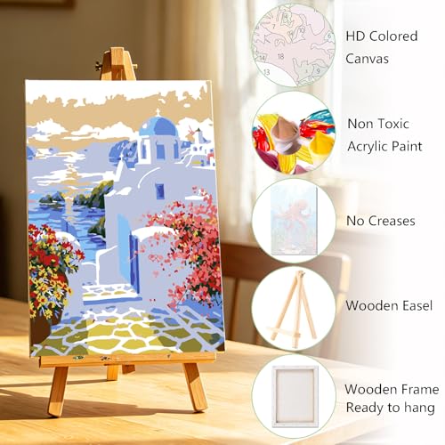 Lanzeyo 4 Pcs Paint by Numbers Kits for Adults Framed Canvas with Wooden Easel DIY Mediterranean Landscape Oil Paintings Kits Paint by Numbers on Canvas Wall Art (8x12 inch) - color: 02 Landscape