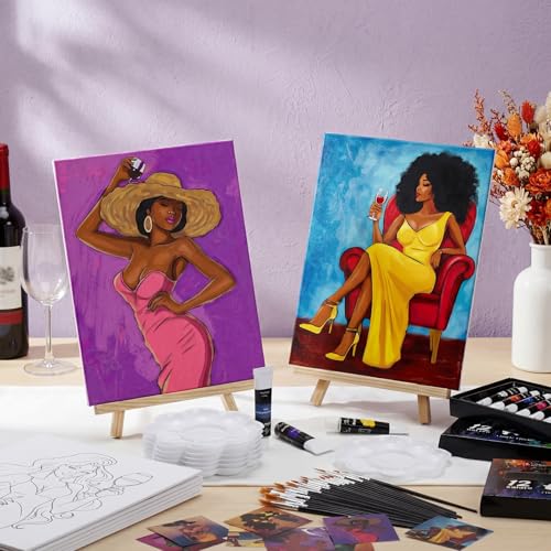 Cholemy 36 Pcs Paint and Sip Kit Gift for Adults 8''x10'',Wine Lady | Pre Drawn Canvas, Painting DIY Afro Acrylic Painting Kit, Wood Easel Brushes, Date Night Bulk, Summer Halloween Party - style: Wine Lady