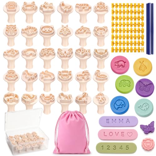 30 Pcs Animal Pattern Clay Modeling Stamp Set with 72-Character Letter Stamps and Storage Box, Animal Pattern Stamps for Polymer/Ceramic Clay, Pottery Craft, Cookie and Jewelry Making - style: Animal