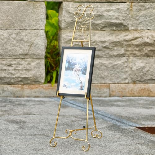 Metal Large Free Standing Adjustable Display Stand Scroll Easel with Chain Support, Gold Easel Stand for Sign, Heavy Duty Easel for Mirror, Wedding, Picture Frame (No Installation Required) - style: Scroll-Gold