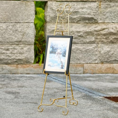 Metal Large Free Standing Adjustable Display Stand Scroll Easel with Chain Support, Gold Easel Stand for Sign, Heavy Duty Easel for Mirror, Wedding, Picture Frame (No Installation Required) - style: Scroll-Gold