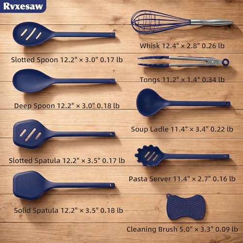 Kitchen Utensils Set,9 PCS Silicone Cooking Utensils Set Spatula Set,Tongs,Spoon,Whisk,Brush,Dishwasher Safe Kitchen Gadgets for Non-Stick Cookware,Home Essential，Kitchen Appliances(Navy Blue) - color: Navy Blue