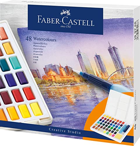 Faber-Castell Portable Watercolor Palette Paint Set - 48 Water Colors in Half Pans with Mixing Palette and Painting Accessories (Travel Watercolor Brush and Sponge) - size: 1 Count (Pack of 1)