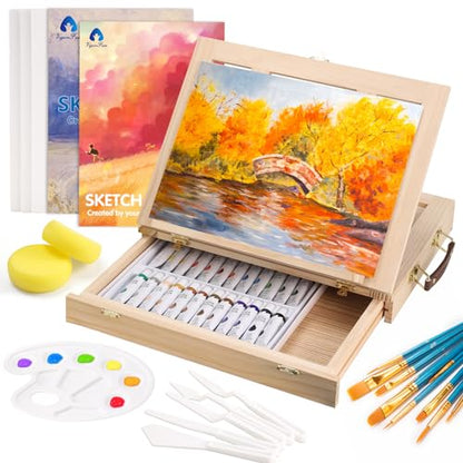 Watercolor Paint Set with Wooden Tabletop Easel, Portable Painting Supplies