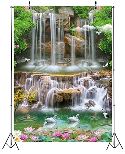 BELECO 3x5ft Fabric Forest Park Waterfall Backdrop Picturesque Swan Lake Lotus Pond Green Trees Scenery Photography Background Wallpaper Spring Summer Holiday Travel Portrait Photoshoot Props - size: 3x5FT