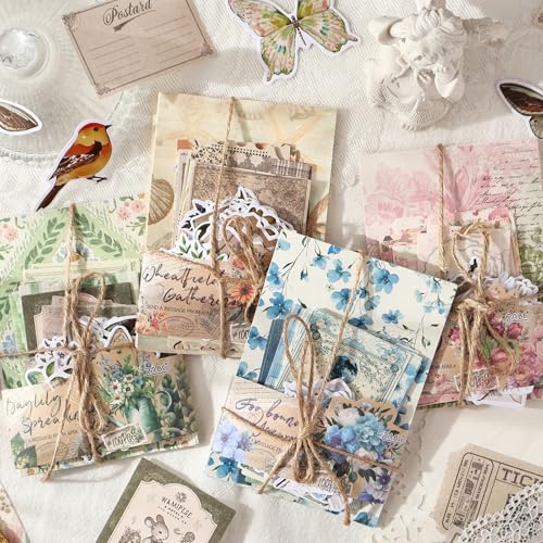 Wmhanler 400Pcs Scrapbook Supplies Vintage Scrapbook Paper Floral Junk Journal Stickers Journaling Supplies for Bullet Journaling, Retro Crafts, Planner, Collage Card Album