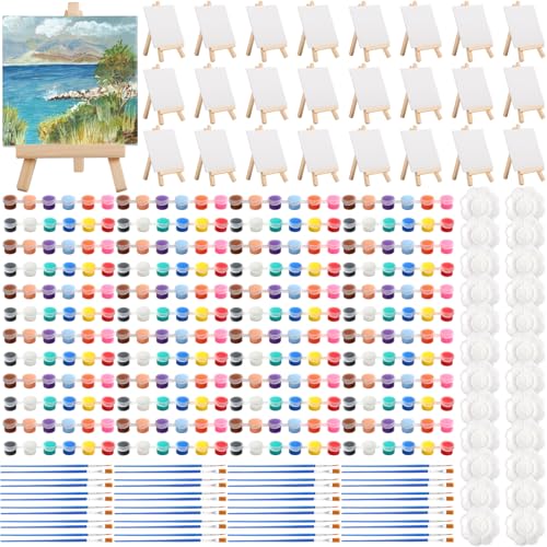 24 Pack Mini Canvas Boards and Easel Washable Acrylic Paint Set | 24Pcs 5.9"x5.9"Canvas and Easel,12 Colors Acrylic Paint Strips,48 Brushes,24 Palettes for Painting Crafts Party Favors - color: 5.9" x 5.9"