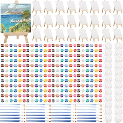 24 Pack Mini Canvas Boards and Easel Washable Acrylic Paint Set | 24Pcs 5.9"x5.9"Canvas and Easel,12 Colors Acrylic Paint Strips,48 Brushes,24 Palettes for Painting Crafts Party Favors - color: 5.9" x 5.9"