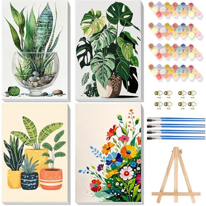 4 Pack Plant Paint by Numbers for Adults with Framed Canvas - Wooden Easel - color: BKH1308+BKH1767+BKH1768+BKH1769