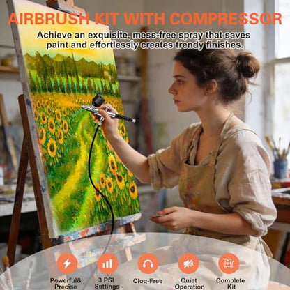 Airbrush Kit with Air Compressor, 22/30/50 PSI High Pressure Air Brush Non-Clogging with 0.2/0.3/0.5mm Nozzle/Cleaning Sets, Ideal for Painting, Modeling, Cake Decor, Makeup,Nail Art