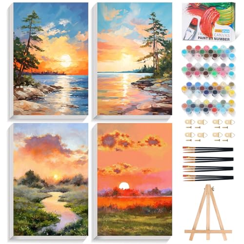 4 Pack Framed Paint by Numbers Kit for Adults with Wooden Easel 8x12 Inch | Sunrise and Sunset Landscape, For Adults Beginner, DIY Acrylic Painting, Stress Relief Craft Kits, Home Wall Decor Gift - color: FOP4P-02