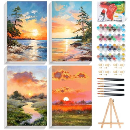4 Pack Framed Paint by Numbers Kit for Adults with Wooden Easel 8x12 Inch - color: FOP4P-02