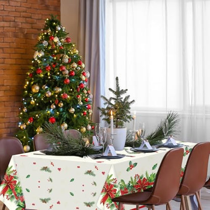 OBUSATT 3pcs Christmas Party Tablecloth Holly and Pine Cone Merry Christmas Holiday Table Cloth 108 x 54 Inch Rectangle Waterproof Xmas Holiday Table Cover Decorations for Christmas Party Supplies - style: Holly and Pine Cone