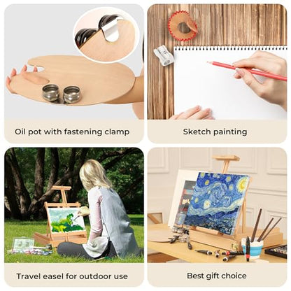 VISWIN Deluxe Oil Paint Set with Beech Wood Easel Box, Advanced Painting Kit with Paint Brush, Canvas, Palette, Oil Cup, Brush Washer, Pencils, Art Supplies, Painting Set for Adult, Artist, Beginners