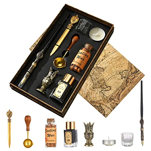 Joyeee Wooden Dip Pen Set with Ink, Vintage Letter Opener Knife, Desk Pen Holder, Tealight Candles, Idea for Writing, Drawing, Signatures, Art Gifts, Envelope Wax Seal Kit with Gold Wax Seal Beads - color: #75 bronze