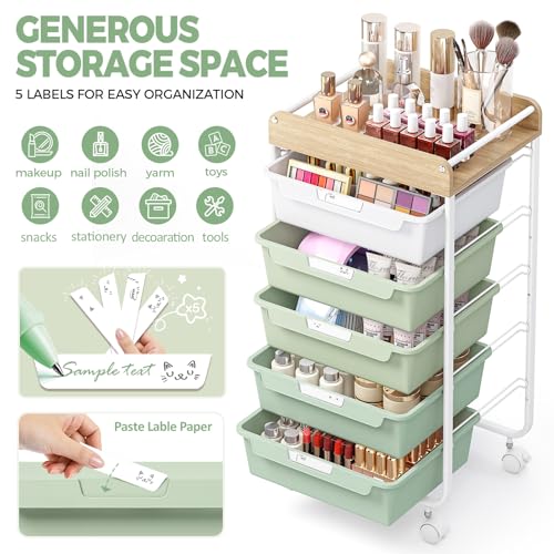 APEXCHASER Utility Cart with 5 Drawers, Art Cart for Teacher Kid, Green - color: Green, size: 5-Drawers